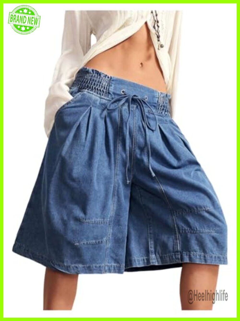 Bermuda Denim Shorts Women Knee Length Baggy Jorts Wide Leg Drawstring
